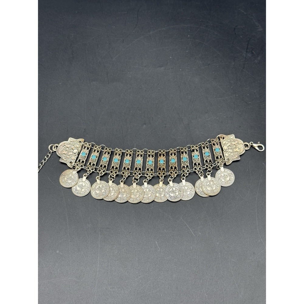 Gypsy Silver Plated Retro Coins Tassel Stone Bracelet